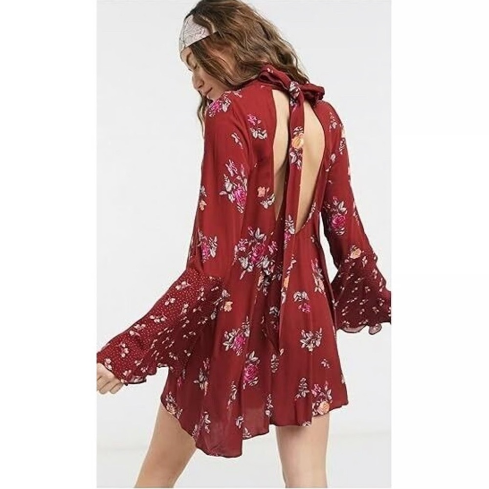 Free People Tate Tunic Floral Burgundy Dress